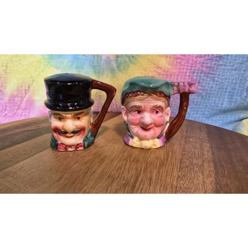 Vintage Japan Toby Mug Salt & Pepper Shakers Character Faces Top Hat Man & Lady